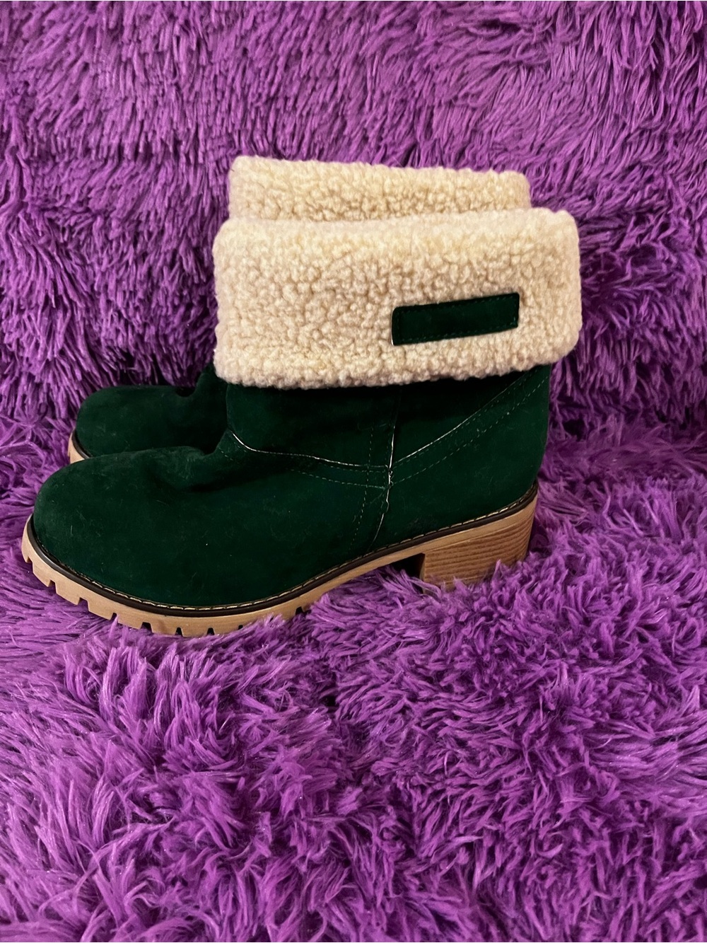 Women’s Dark Green Suede Winter Ankle Boots with Cream Sherpa Cuff